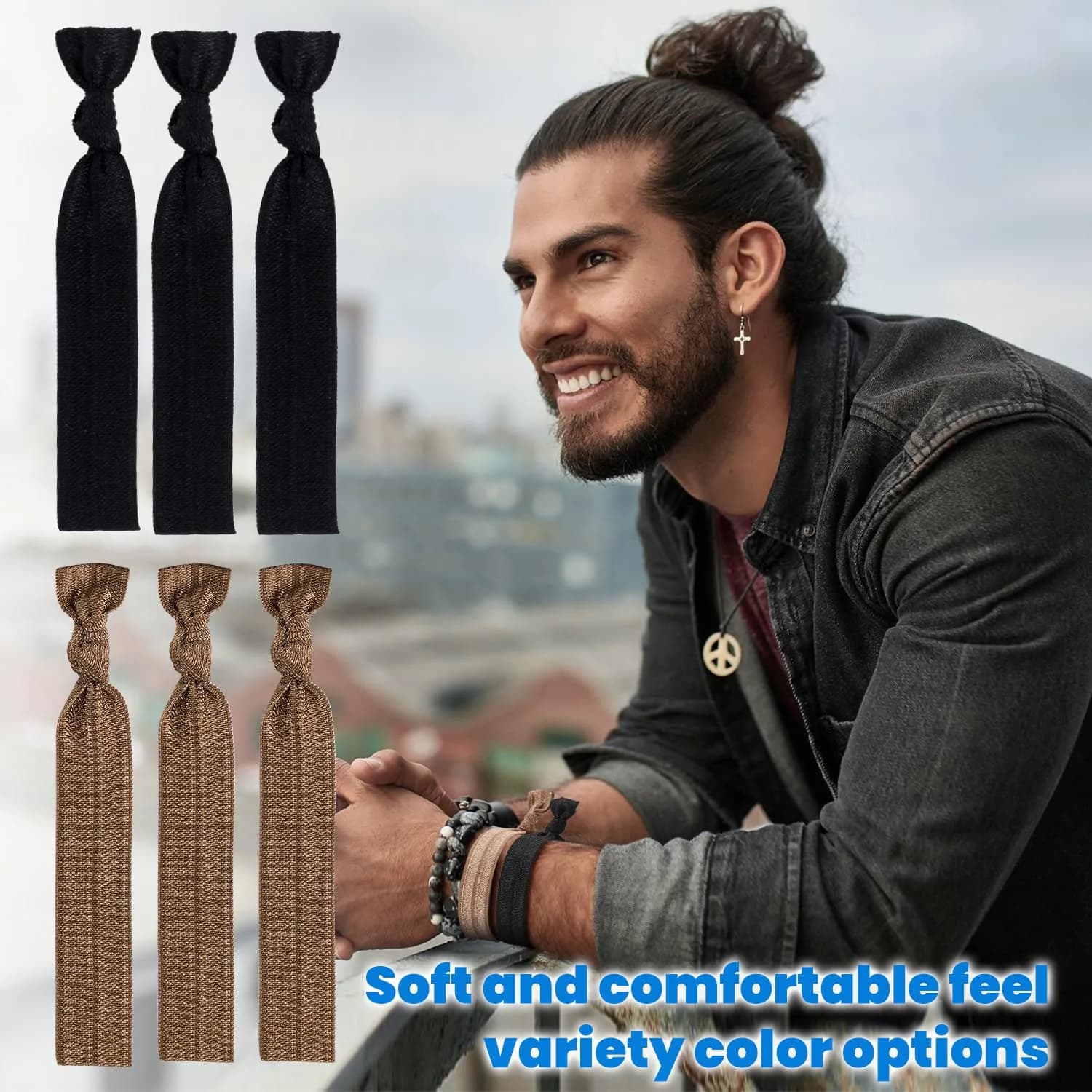79STYLE Men Hair Ties 100pcs Black Elastic Fabric Knot for Long Hair, Damage-Free & No Crease (70-90 chars) thumbnail 5