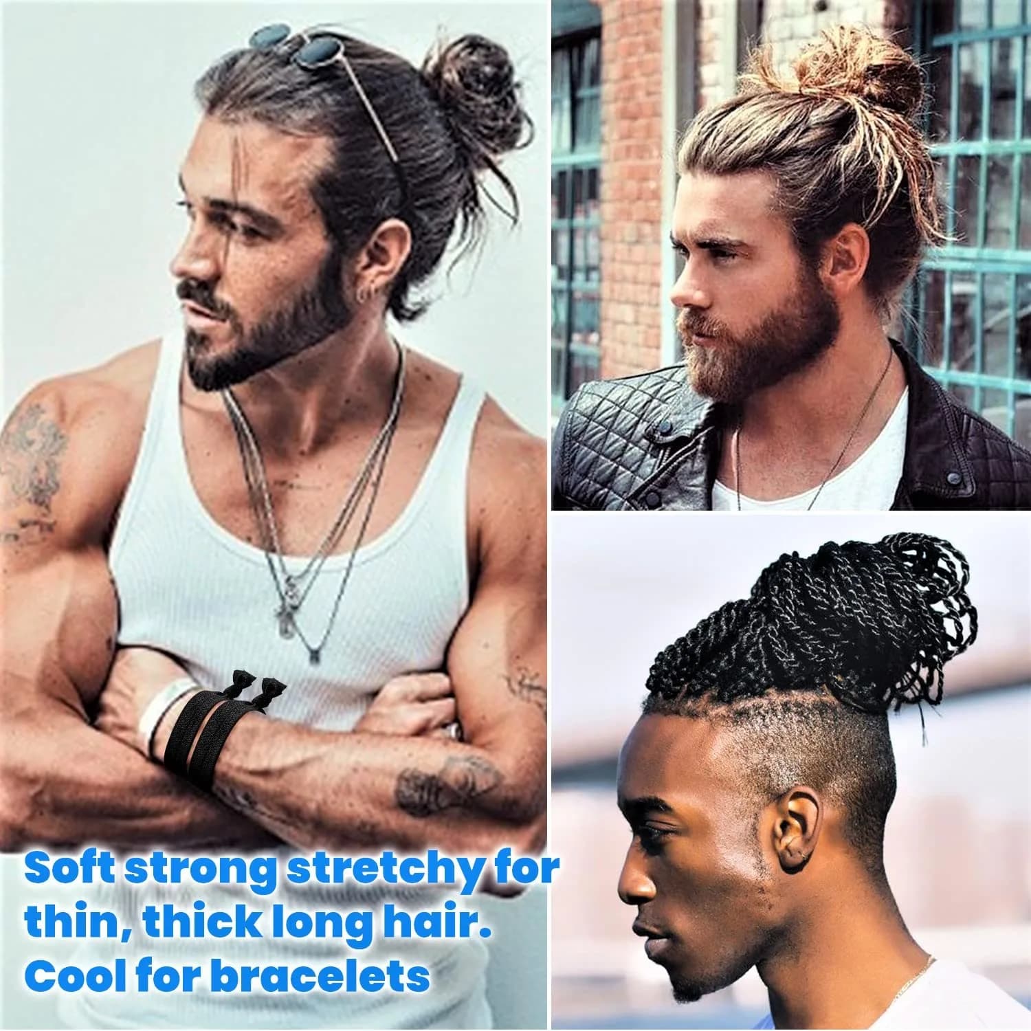 79STYLE Men Hair Ties 100pcs Black Elastic Fabric Knot for Long Hair, Damage-Free & No Crease (70-90 chars) thumbnail 2