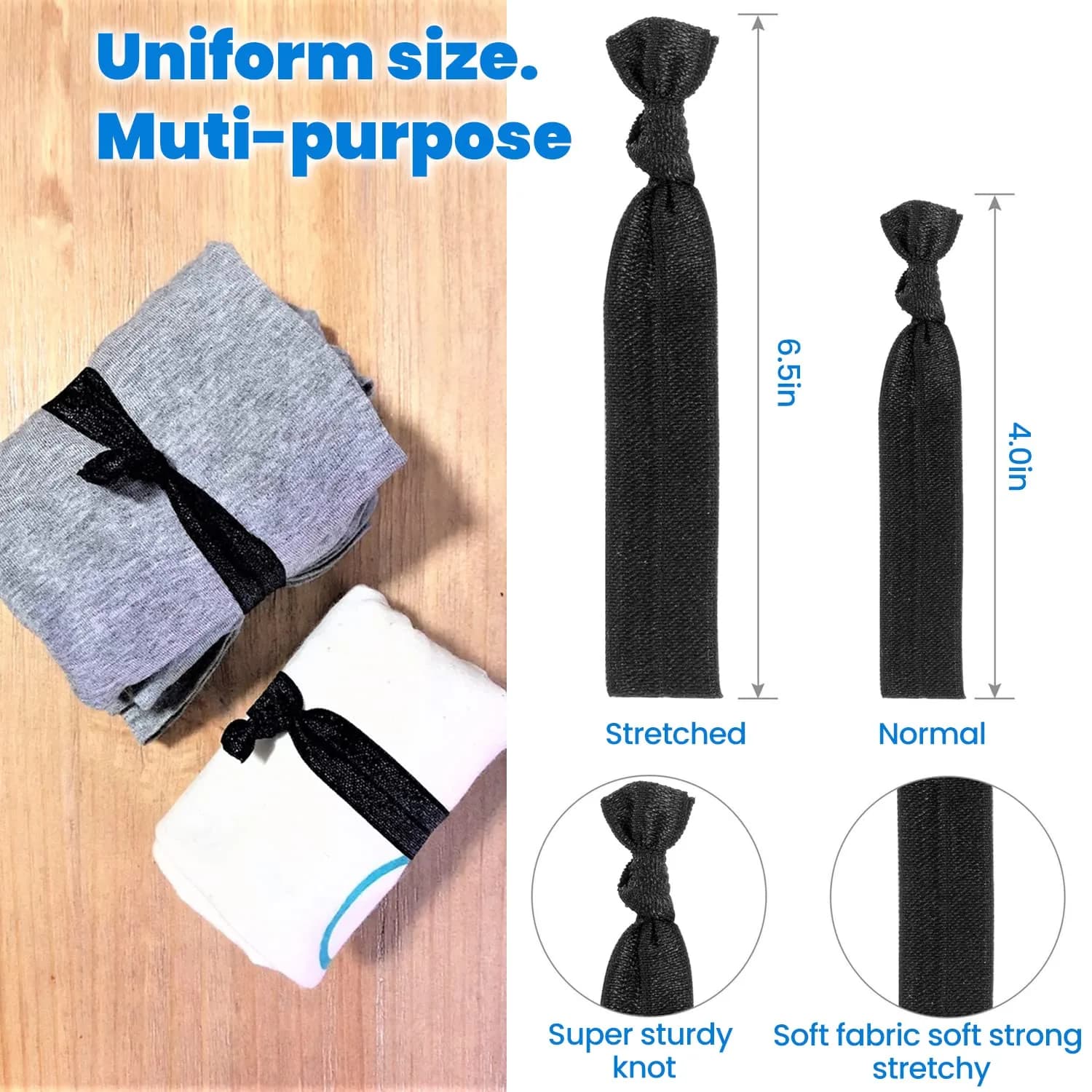 79STYLE Men Hair Ties 100pcs Black Elastic Fabric Knot for Long Hair, Damage-Free & No Crease (70-90 chars) thumbnail 3