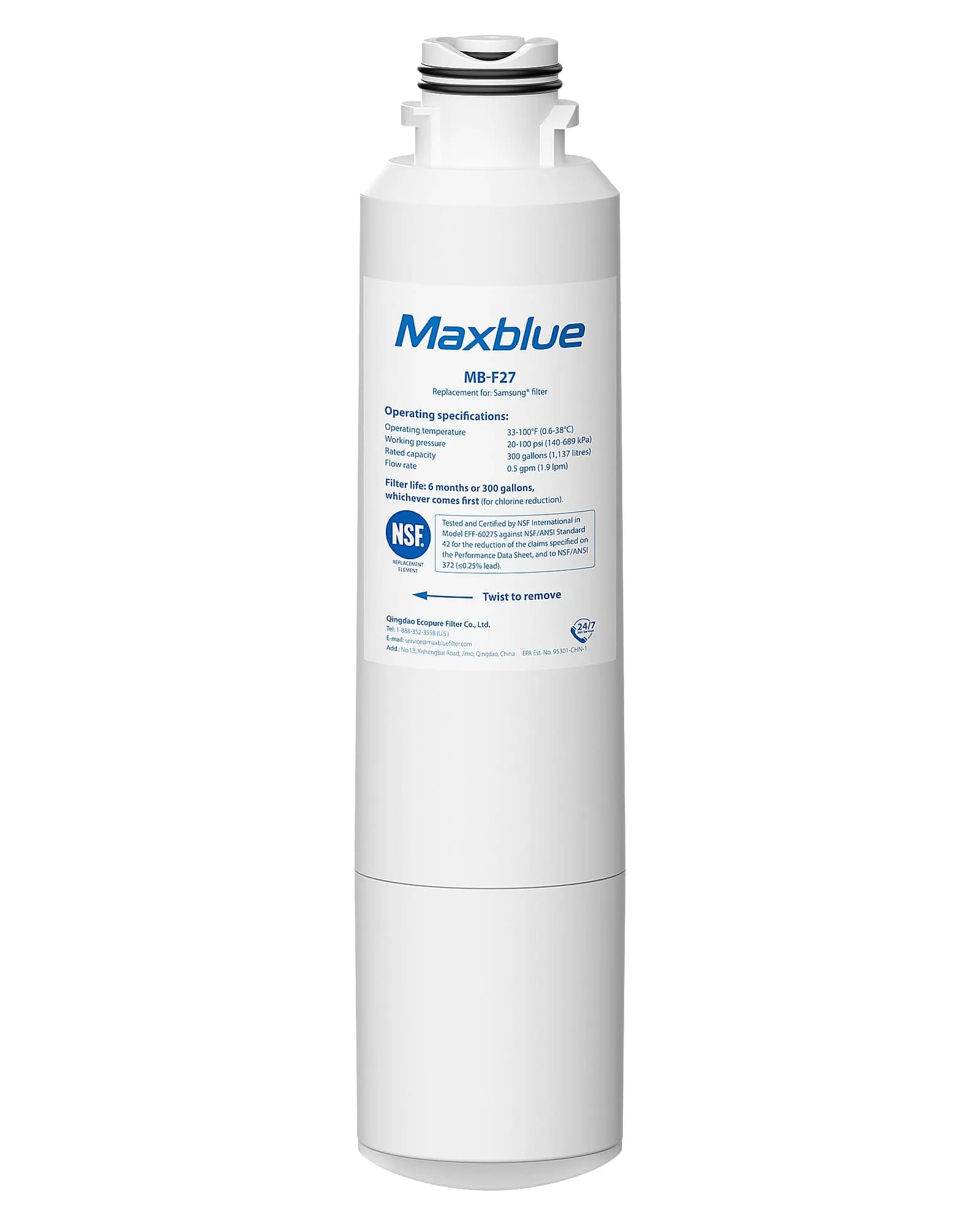 Maxblue MB-F27 Replacement for Samsung DA29-00020B Water Filter | NSF 42 Certified, Lead-Free, 6-Month Filter Life