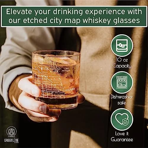 Greenline Goods Chicago Map Etched Whiskey Glass Set of 2 | 296ml (10 Fl Oz) Old Fashioned Rocks Glasses thumbnail 5