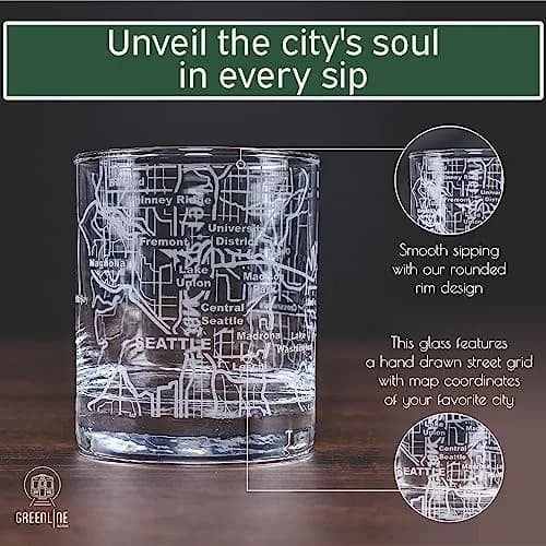 Greenline Goods Seattle Map Etched Whiskey Glasses - 355ml (12 Oz) Set of 2 | Heavy Base Old Fashioned Rocks Tumblers thumbnail 4