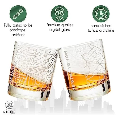 Greenline Goods Whiskey Glasses - 10 Oz Tumbler Gift Set for Philadelphia lovers | Etched with Philadelphia Map thumbnail 3