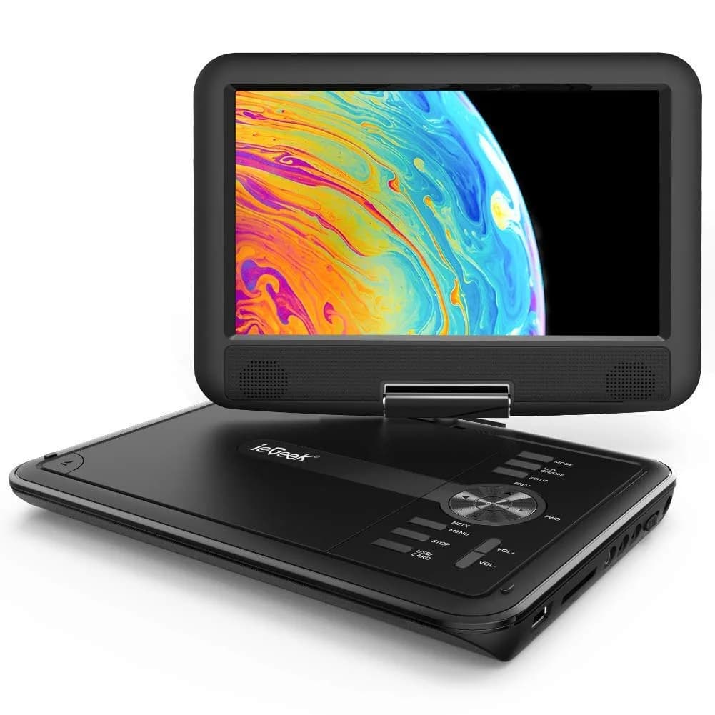 ieGeek 11.5" Portable DVD Player, 9.5" HD Screen, Purple | 5-Hour Battery, USB/SD Playback, TV Sync — Black