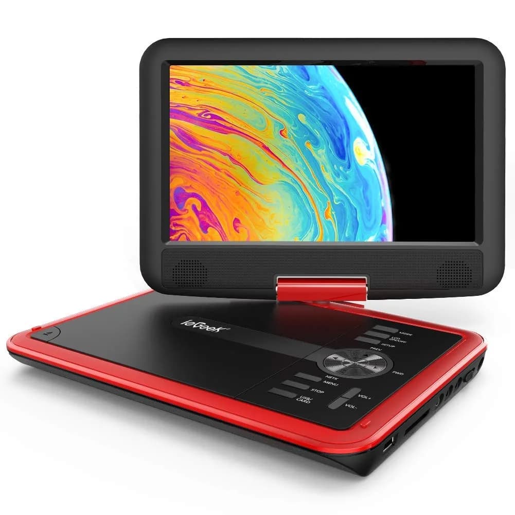 ieGeek 11.5" Portable DVD Player, 9.5" HD Screen, Purple | 5-Hour Battery, USB/SD Playback, TV Sync — Red
