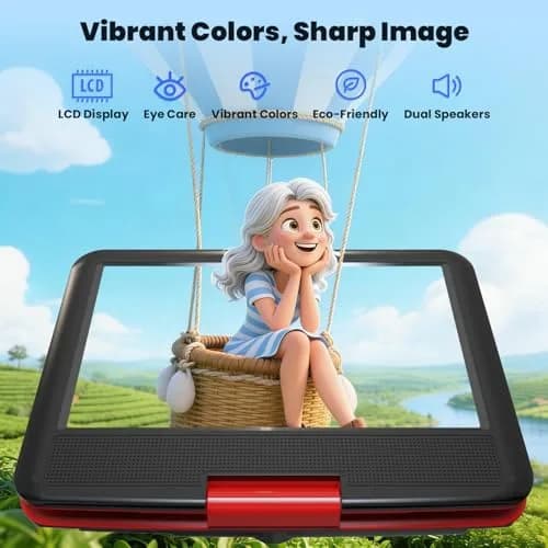 ieGeek 11.5" Portable DVD Player, 9.5" HD Screen, Red | 5-Hour Battery Life, USB/SD Playback, TV Sync thumbnail 2