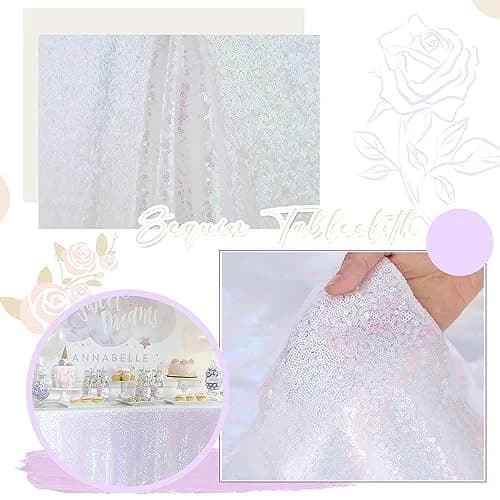 SoarDream Iridescent White Sequin Tablecloth 60"x102" Wedding Table Cloth | Elegant Sparkly Decor thumbnail 3