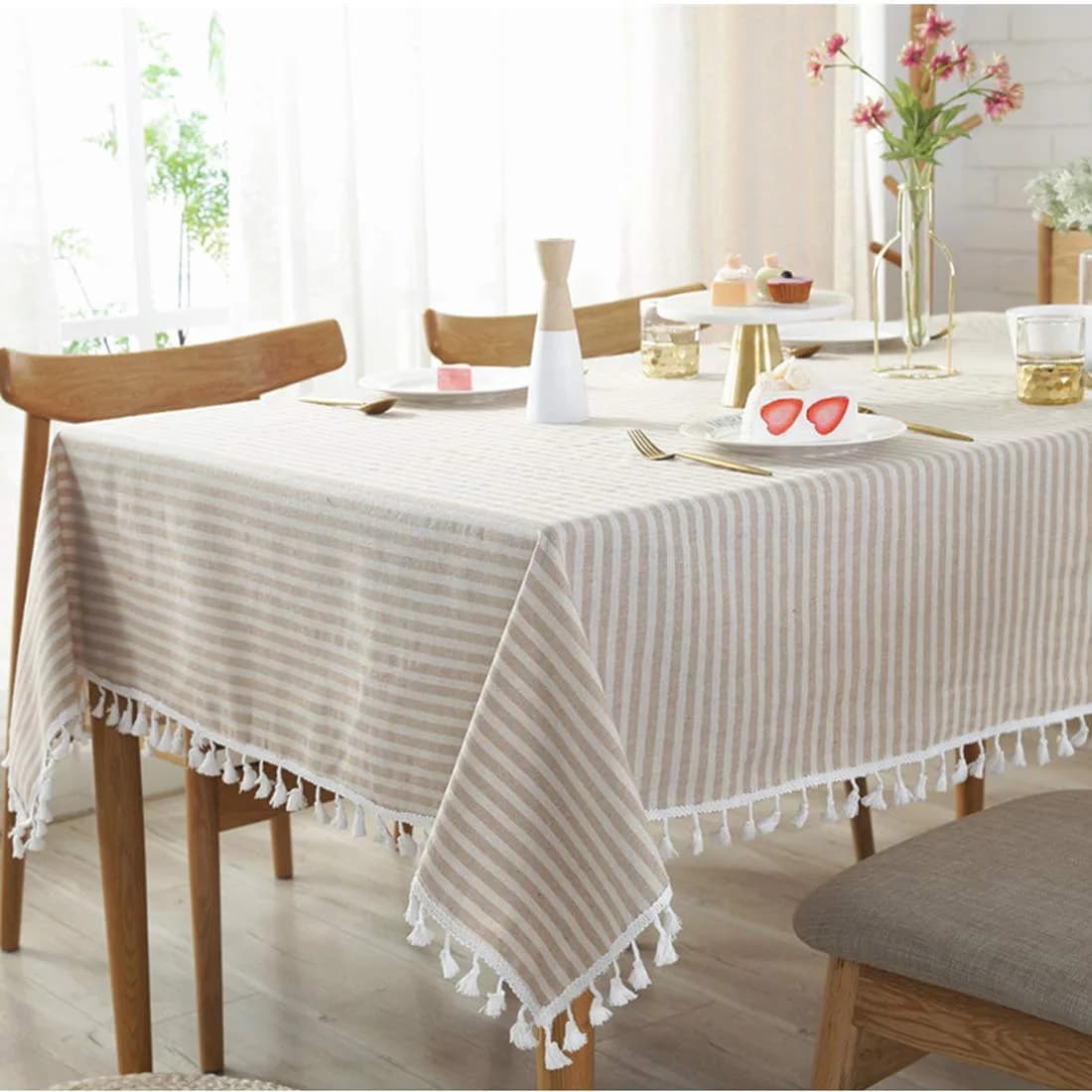 Bringsine Cotton Linen Tablecloth 55x55 Inch | Modern Stripe Tassel Design - main product image