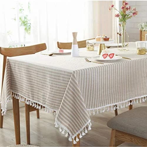 Bringsine Cotton Linen Tablecloth 55x55 Inch | Modern Stripe Tassel Design thumbnail 1