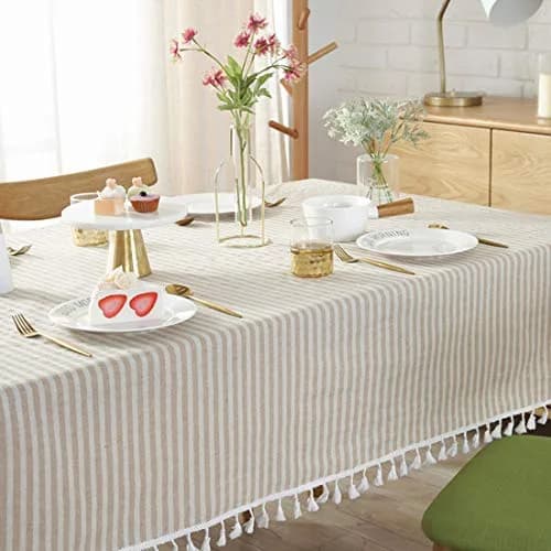 Bringsine Cotton Linen Tablecloth 55x55 Inch | Modern Stripe Tassel Design thumbnail 4