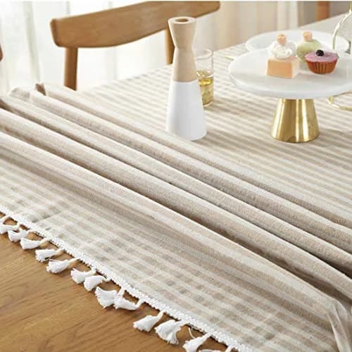 Bringsine Cotton Linen Tablecloth 55x55 Inch | Modern Stripe Tassel Design thumbnail 5