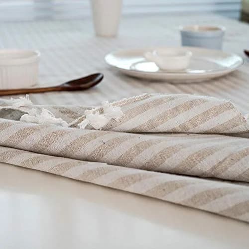 Bringsine Cotton Linen Tablecloth 55x55 Inch | Modern Stripe Tassel Design thumbnail 6