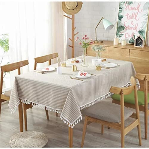 Bringsine Cotton Linen Tablecloth 55x55 Inch | Modern Stripe Tassel Design thumbnail 2