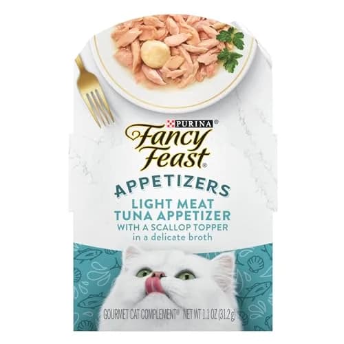 Fancy Feast Appetizers Tuna with Scallop Topper Wet Cat Food 1.1 oz (31g) Pouches, 10-Pack | Real Tuna & Scallop Broth thumbnail 1