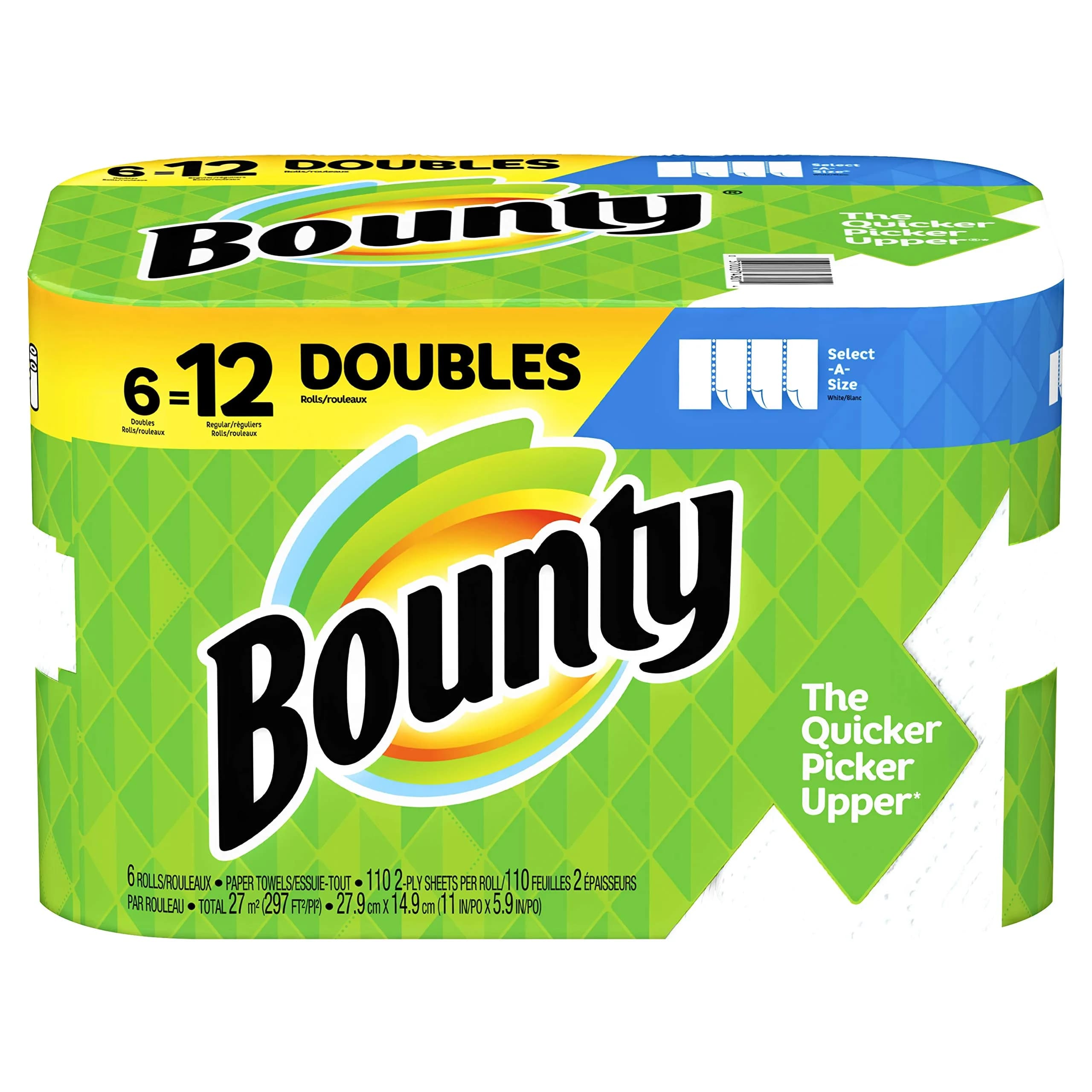 Bounty Select-a-Size Paper Towels, 2-Ply White, 74 Sheets/Roll, 8 Rolls/Carton | Absorbent & Strong for Spills