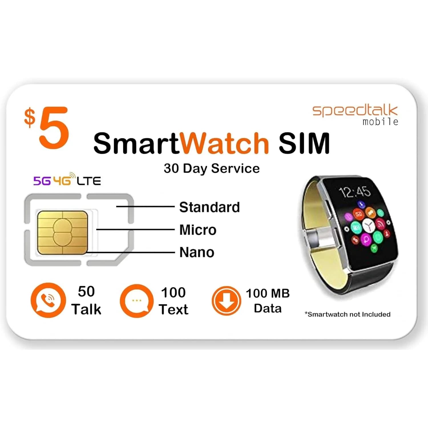 SpeedTalk Mobile $5 Prepaid Smart Watch SIM Card Kit | Triple Cut 3-in-1 SIM (Standard, Micro, Nano) | USA Coverage 30 Days Service - main product image