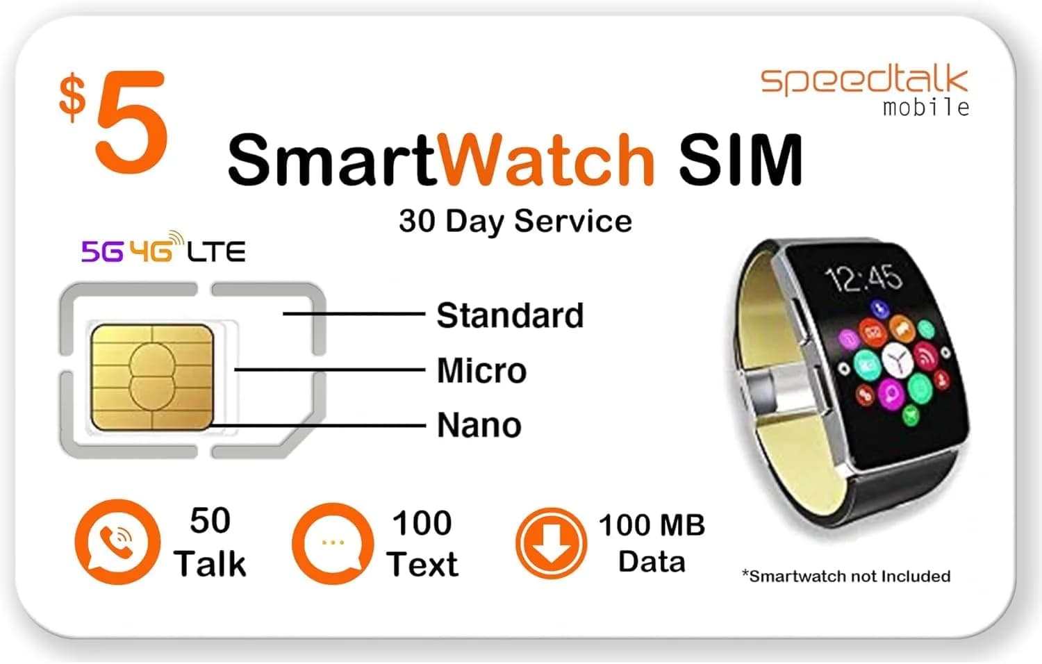SpeedTalk Mobile $5 Prepaid Smart Watch SIM Card Kit | Triple Cut 3-in-1 SIM (Standard, Micro, Nano) | USA Coverage 30 Days Service — $5 Prepaid Smart Watch SIM Card
