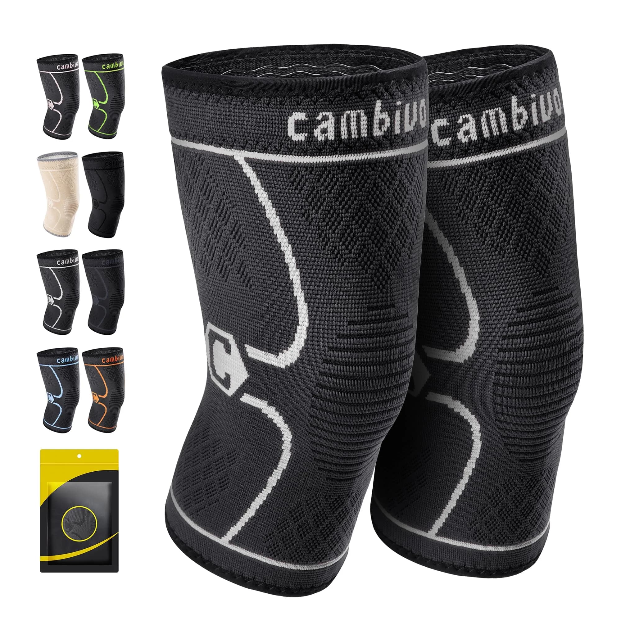 CAMBIVO 2 Pack Knee Brace Compression Sleeve Support | Black, Small (2 Pairs) — Gray / X-Large