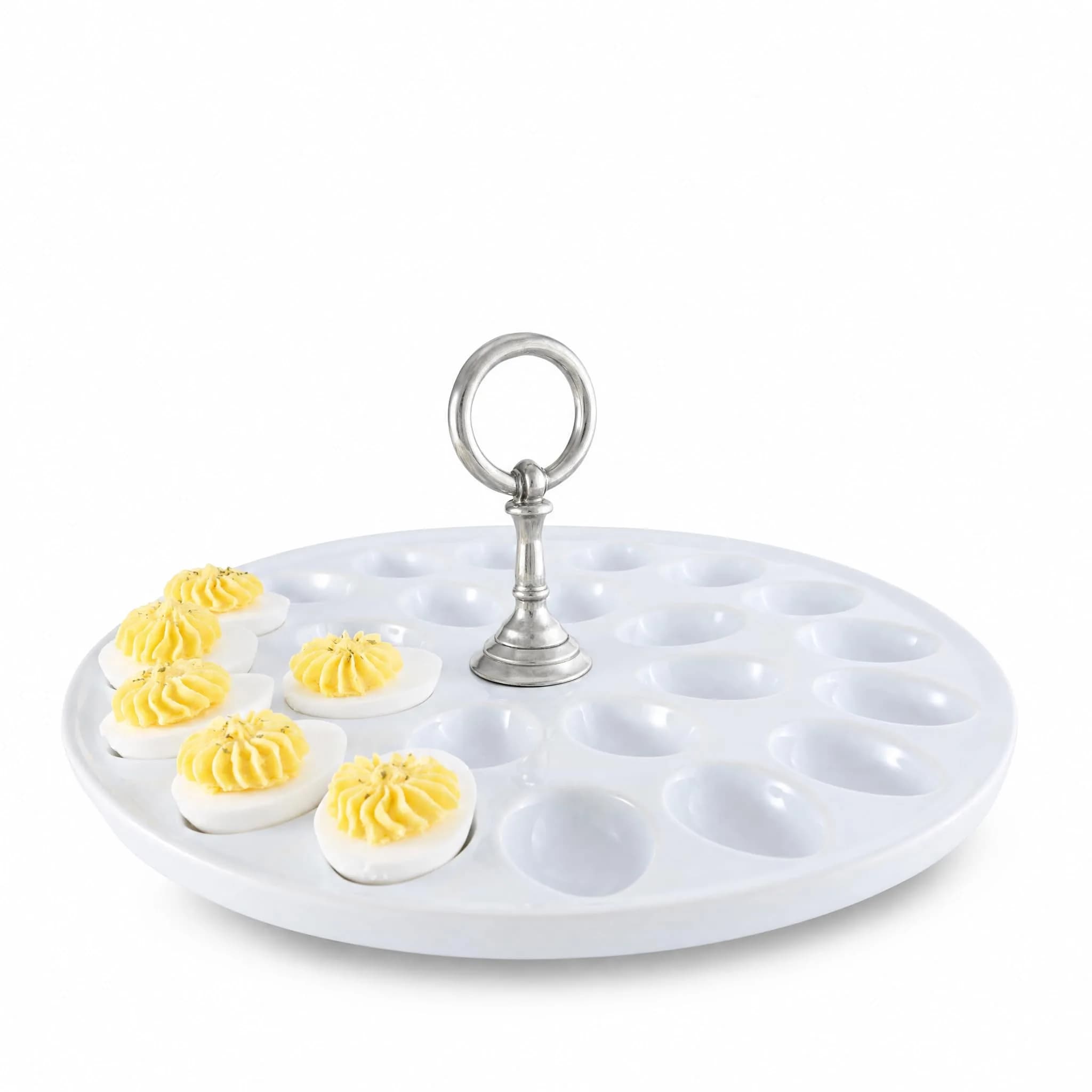 Vagabond House Deviled Egg Tray with Pewter Handle | Elegant Stoneware Serving Plate - 13 Inch Diameter - main product image