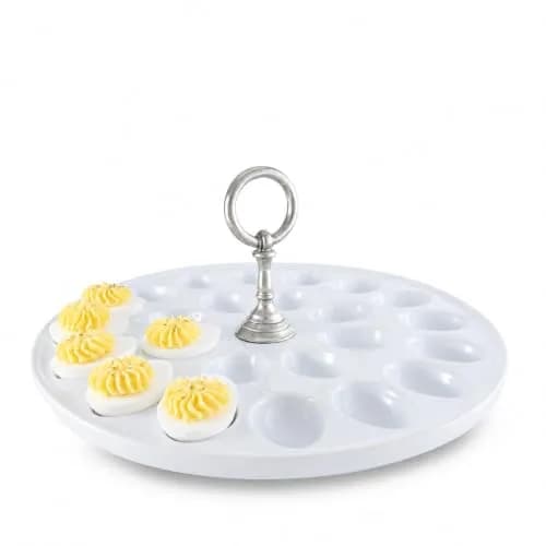 Vagabond House Deviled Egg Tray with Pewter Handle | Elegant Stoneware Serving Plate - 13 Inch Diameter thumbnail 1
