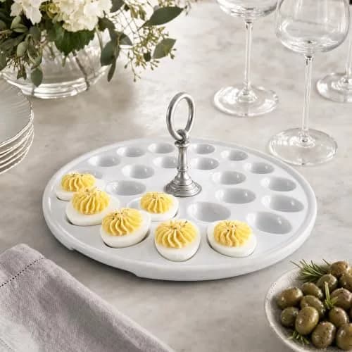 Vagabond House Deviled Egg Tray with Pewter Handle | Elegant Stoneware Serving Plate - 13 Inch Diameter thumbnail 4