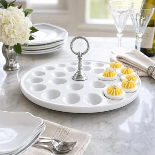Vagabond House Deviled Egg Tray with Pewter Handle | Elegant Stoneware Serving Plate - 13 Inch Diameter thumbnail 5