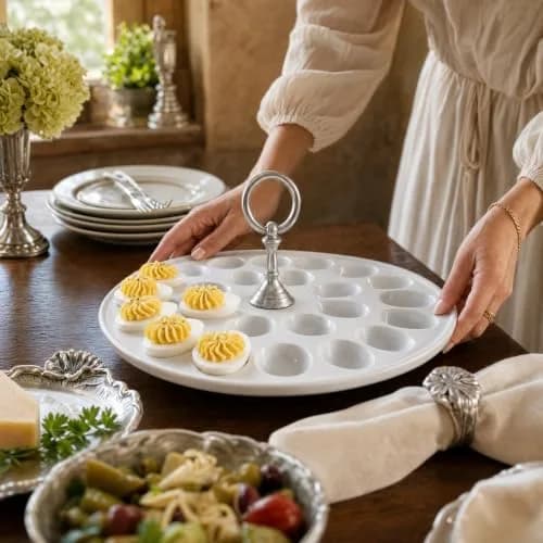 Vagabond House Deviled Egg Tray with Pewter Handle | Elegant Stoneware Serving Plate - 13 Inch Diameter thumbnail 6
