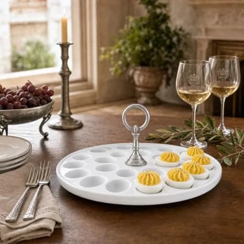 Vagabond House Deviled Egg Tray with Pewter Handle | Elegant Stoneware Serving Plate - 13 Inch Diameter thumbnail 7