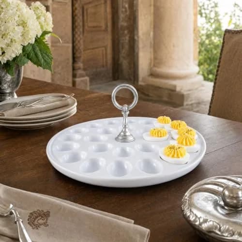 Vagabond House Deviled Egg Tray with Pewter Handle | Elegant Stoneware Serving Plate - 13 Inch Diameter thumbnail 9