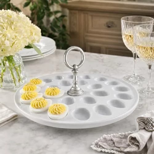 Vagabond House Deviled Egg Tray with Pewter Handle | Elegant Stoneware Serving Plate - 13 Inch Diameter thumbnail 2