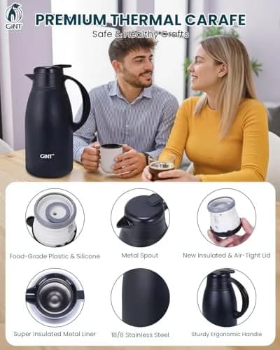 GiNT Stainless Steel Thermal Coffee Carafe 65oz | 12 Hour Heat Retention, Double Walled Vacuum Insulated, Black thumbnail 8