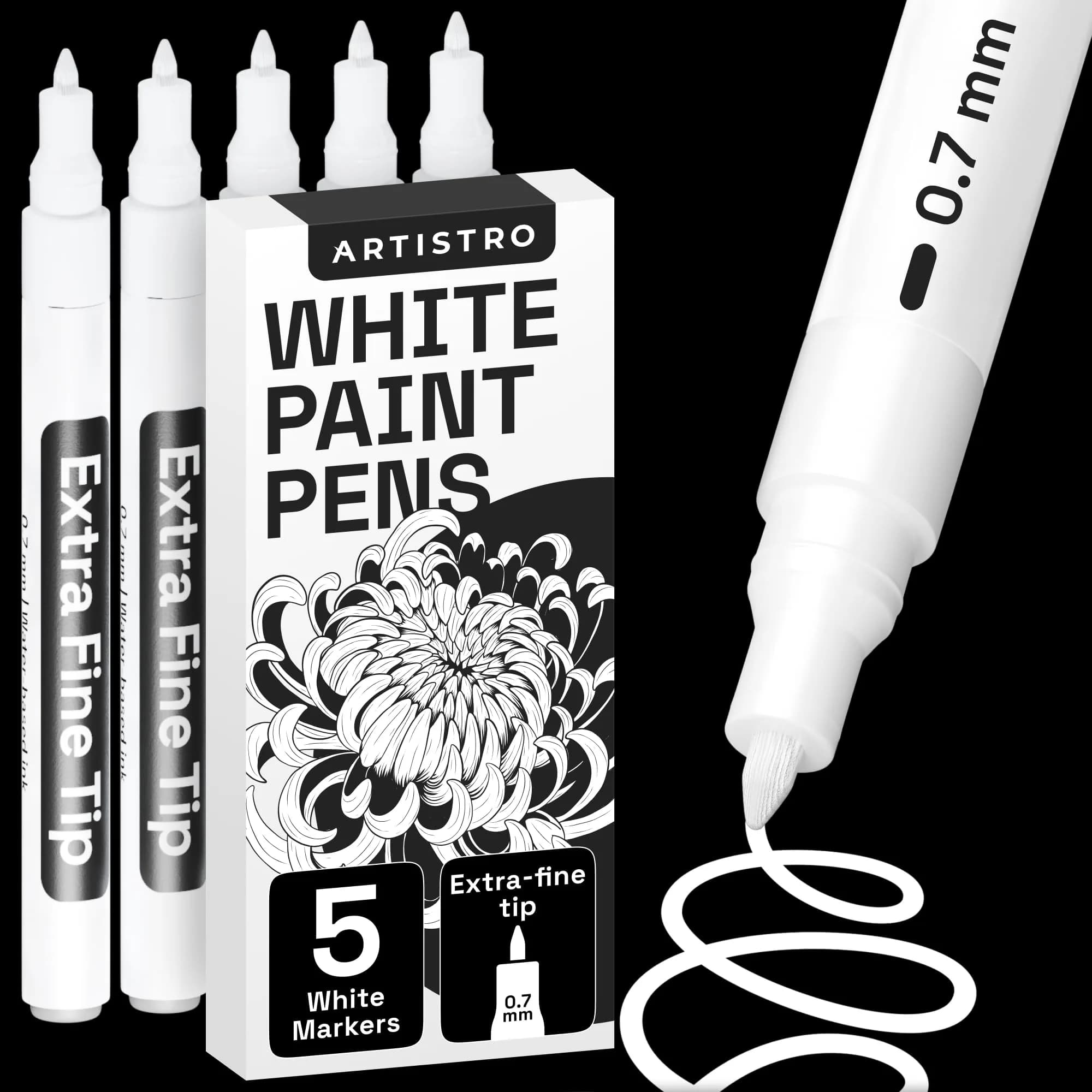 ARTISTRO 5 White Paint Pens for Rock, Glass, Ceramic, Wood, Tire, Fabric, Metal, Canvas, Marking, Painting - Set of 5 Acrylic Paint Markers Water-based - main product image