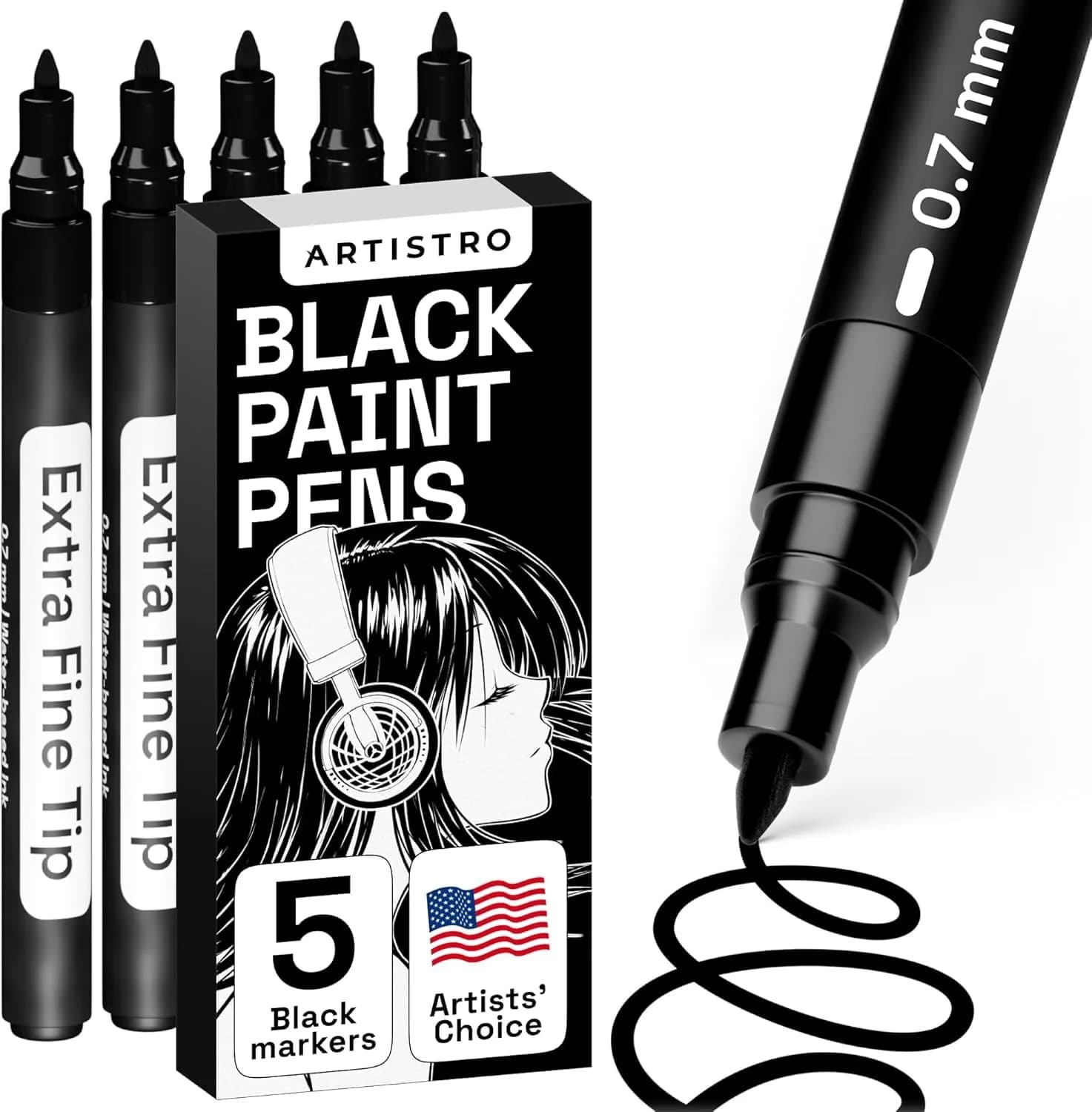 ARTISTRO 5 White Paint Pens for Rock, Glass, Ceramic, Wood, Tire, Fabric, Metal, Canvas, Marking, Painting - Set of 5 Acrylic Paint Markers Water-based — Black / Extra Fine Tip