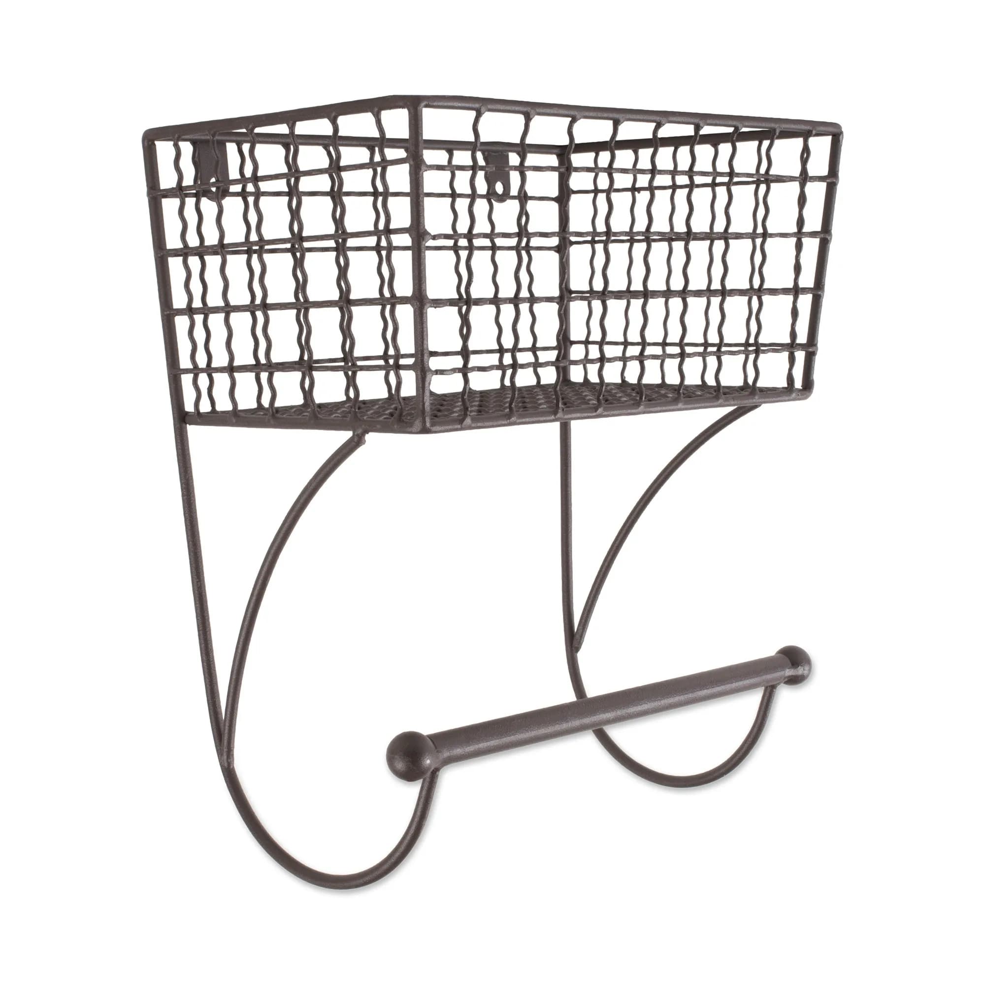 DII Rustic Metal Towel Bar with Storage Basket 26.3cm (10.3" Overall Height) | Wall Mounted for Small Bathrooms — Rustic