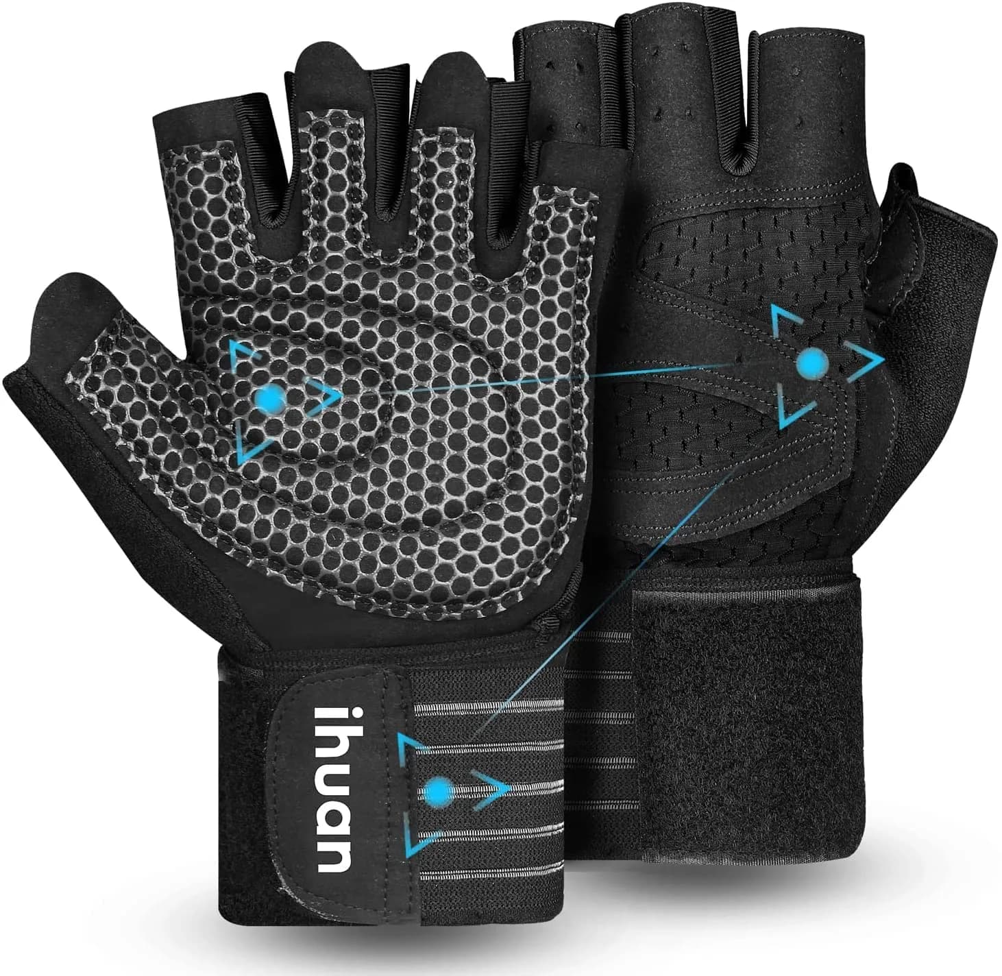 ihuan Ventilated Weight Lifting Gym Gloves with Wrist Support | Full Palm Protection for Men & Women — Black / Small