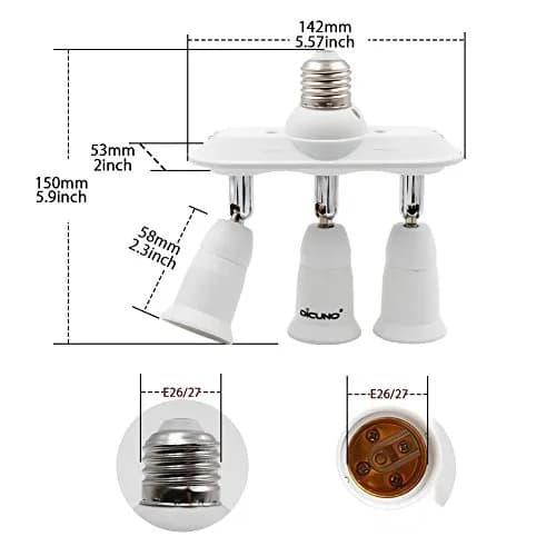 DiCUNO 3 Way E26 Light Socket Splitter Adapter, 180W Max, 100-240V | Adjustable Angle thumbnail 2