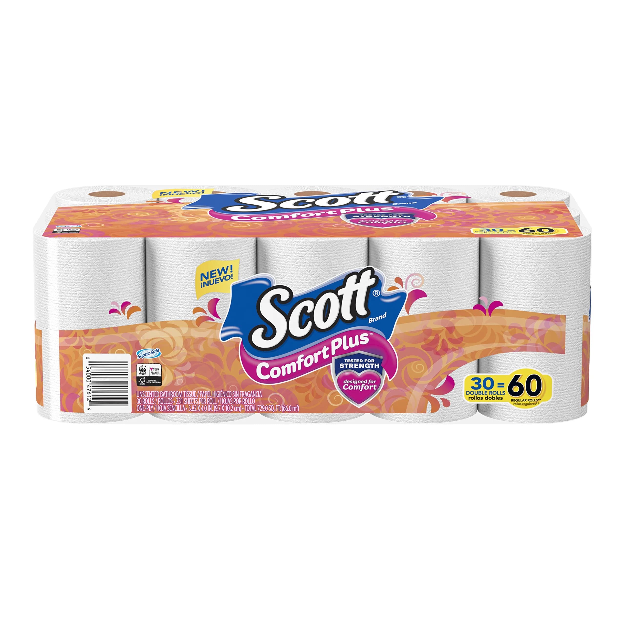 Scott ComfortPlus Toilet Paper Double Roll Bath Tissue, 30 Count | 231 Sheets Per Roll
