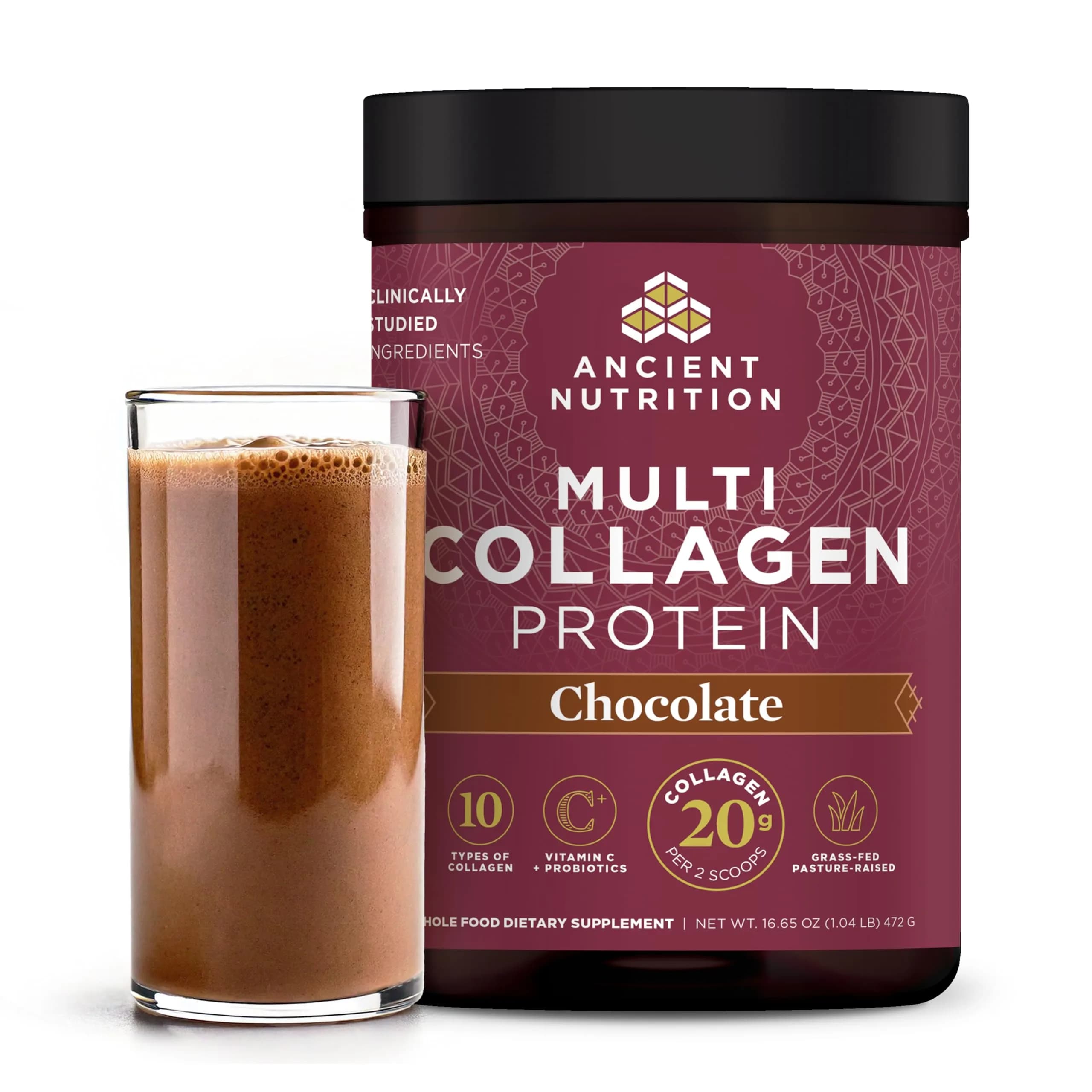 Ancient Nutrition Chocolate protein powder tub Collagen 40 servings