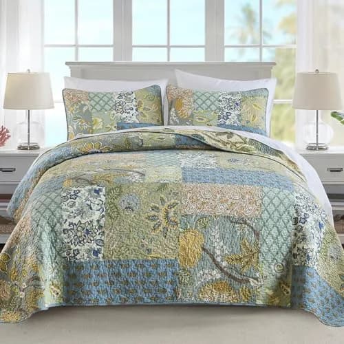 NEWLAKE Bohemian Floral Patchwork Cotton Quilt Set Queen Size 236cm x 249cm (90 x 98 Inch) | All-Season Breathable Bedspread with 2 Pillow Shams thumbnail 1