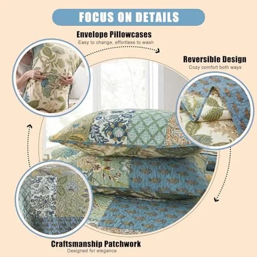 NEWLAKE Bohemian Floral Patchwork Cotton Quilt Set Queen Size 236cm x 249cm (90 x 98 Inch) | All-Season Breathable Bedspread with 2 Pillow Shams thumbnail 4