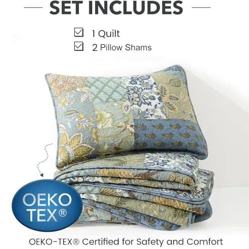 NEWLAKE Bohemian Floral Patchwork Cotton Quilt Set Queen Size 236cm x 249cm (90 x 98 Inch) | All-Season Breathable Bedspread with 2 Pillow Shams thumbnail 6