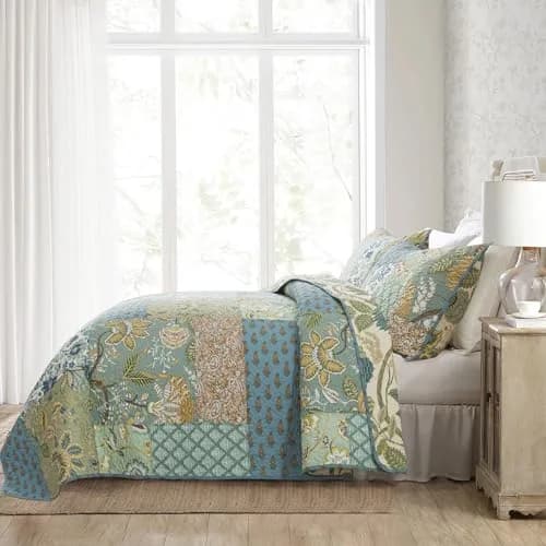 NEWLAKE Bohemian Floral Patchwork Cotton Quilt Set Queen Size 236cm x 249cm (90 x 98 Inch) | All-Season Breathable Bedspread with 2 Pillow Shams thumbnail 9