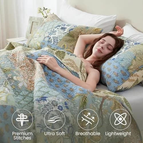 NEWLAKE Bohemian Floral Patchwork Cotton Quilt Set Queen Size 236cm x 249cm (90 x 98 Inch) | All-Season Breathable Bedspread with 2 Pillow Shams thumbnail 2