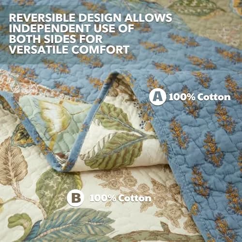 NEWLAKE Bohemian Floral Patchwork Cotton Quilt Set Queen Size 236cm x 249cm (90 x 98 Inch) | All-Season Breathable Bedspread with 2 Pillow Shams thumbnail 3