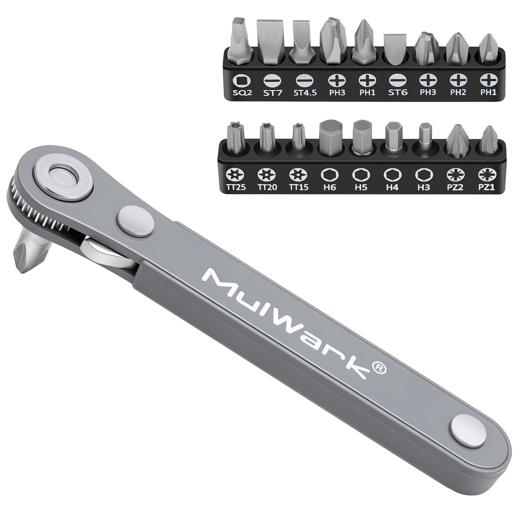 MULWARK 20pc Ultra Low Profile Mini Ratchet Screwdriver Set with 90 Degree Offset Handle | High Torque EDC Tool - main product image