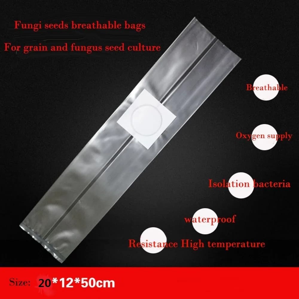 SUCOHANS Mushroom Grow Bags Large 20cmx12cmx50cm (50 Count) | Autoclavable 3 Mil Polypropylene with 0.2 Micron Filter - main product image
