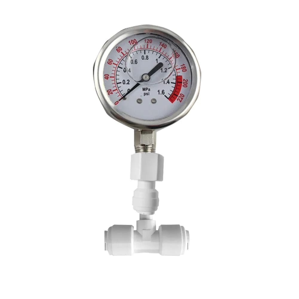 PureSec Water Pressure Gauge Oil Filled Vibration Proof Stainless-Steel 2-1/2" Dial Size Dual-Scale with 1/4" NPT Bottom Mount and 1/4" RO Fittings for RO System (0-1.6kg(MPa)/0-220psi) | Oil Filled, Quiet, Long-Lasting