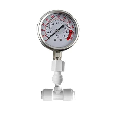 PureSec Water Pressure Gauge Oil Filled Vibration Proof Stainless-Steel 2-1/2" Dial Size Dual-Scale with 1/4" NPT Bottom Mount and 1/4" RO Fittings for RO System (0-1.6kg(MPa)/0-220psi) | Oil Filled, Quiet, Long-Lasting thumbnail 1