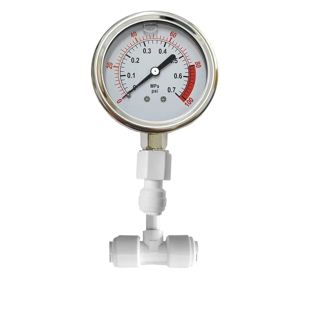 PureSec Water Pressure Gauge Oil Filled Vibration Proof Stainless-Steel 2-1/2" Dial Size Dual-Scale with 1/4" NPT Bottom Mount and 1/4" RO Fittings for RO System (0-1.6kg(MPa)/0-220psi) | Oil Filled, Quiet, Long-Lasting — 0-0.7 kg(MPa) / 0-100 psi
