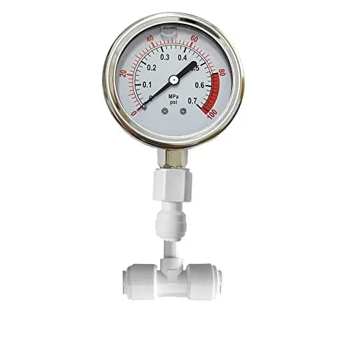PureSec Water Pressure Gauge Oil Filled Vibration Proof Stainless-Steel 2-1/2" Dial Size Dual-Scale with 1/4" NPT Bottom Mount and 1/4" RO Fittings for RO System (0-0.7kg(MPa)/0-100psi) | Quiet, Durable, Accurate thumbnail 1